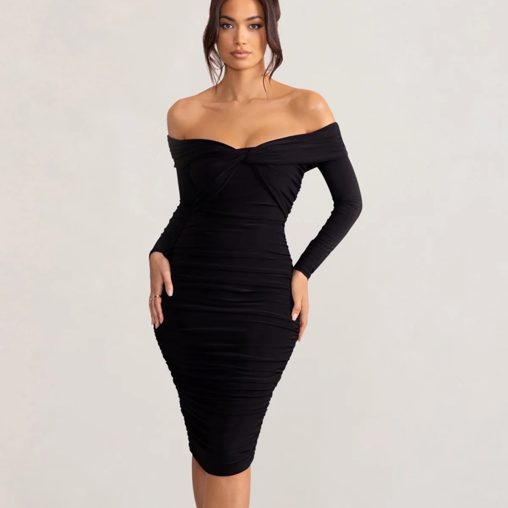 Size 4 Club L London - BLACK TWIST FRONT BARDOT MIDI DRESS WITH SLEEVES